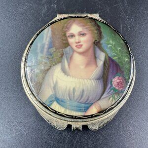 Vintage Compact Victorian Design Double Mirror Round Metal Enamel Portrait